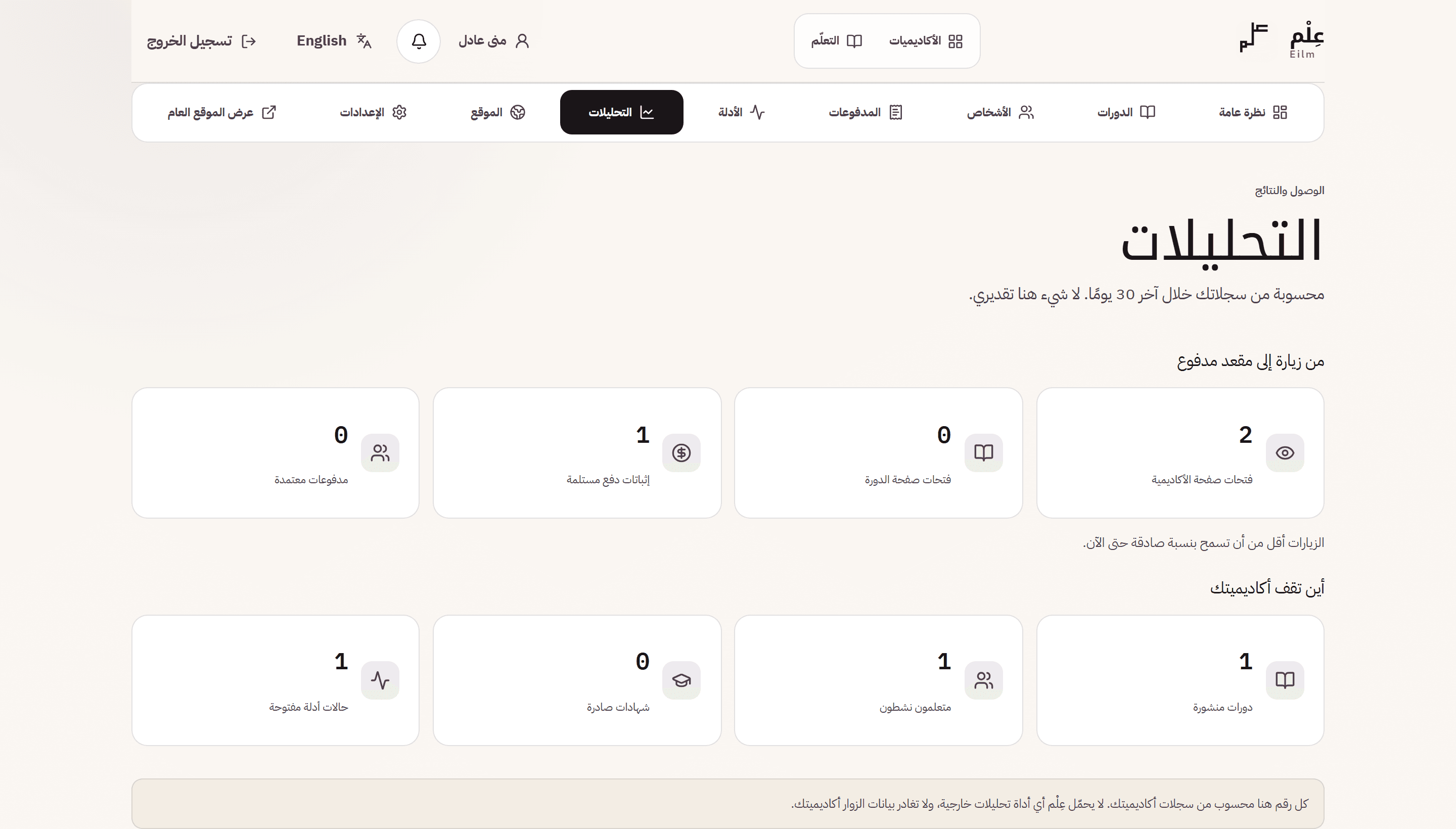 شاشة التحليلات في عِلْم، تحسب الوصول والنتائج من سجلات الأكاديمية