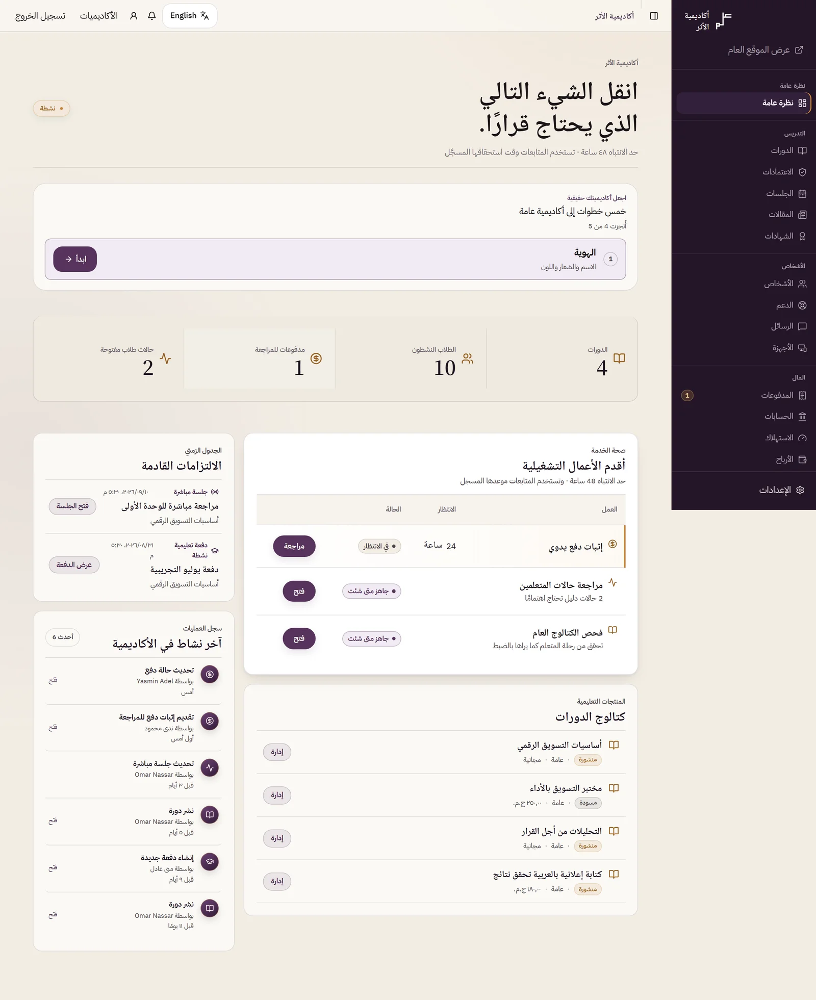 شاشة فعلية · بيانات تجريبية — إدارة الأكاديمية